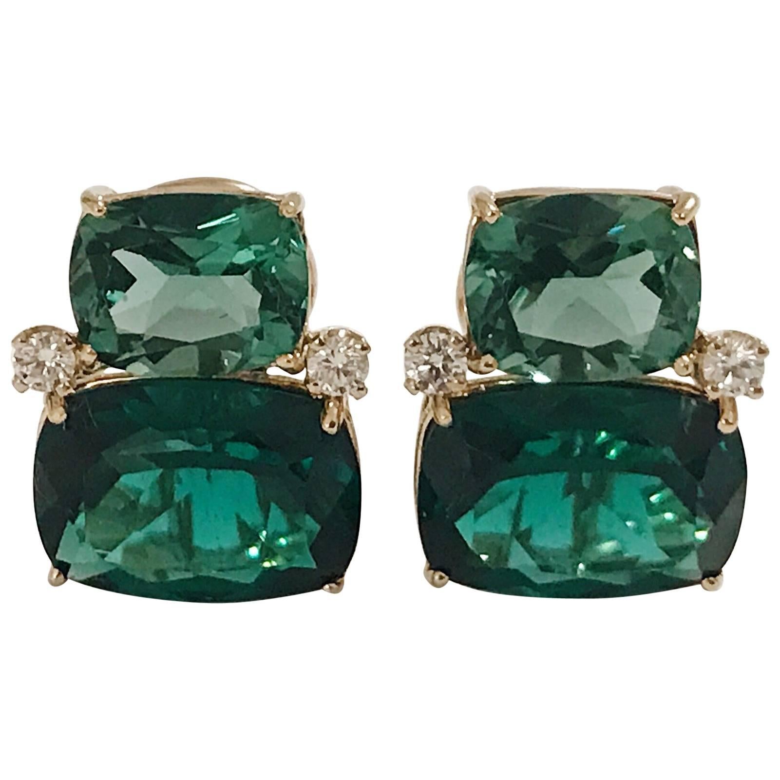 Double Cushion Green Amethyst Stone Diamond Yellow Gold Earrings 