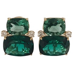 Boucles d'oreilles double coussin en or jaune grenat vert pierre diamant