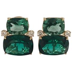 Doppel-Kissen-Ohrringe mit grünem Amethyst und Diamant in Gelbgold 
