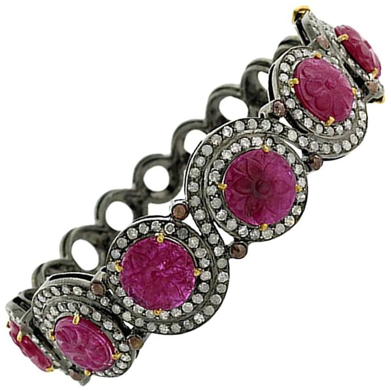 Carved Ruby Diamond Silver Gold Bangle Bracelet For Sale at 1stdibs