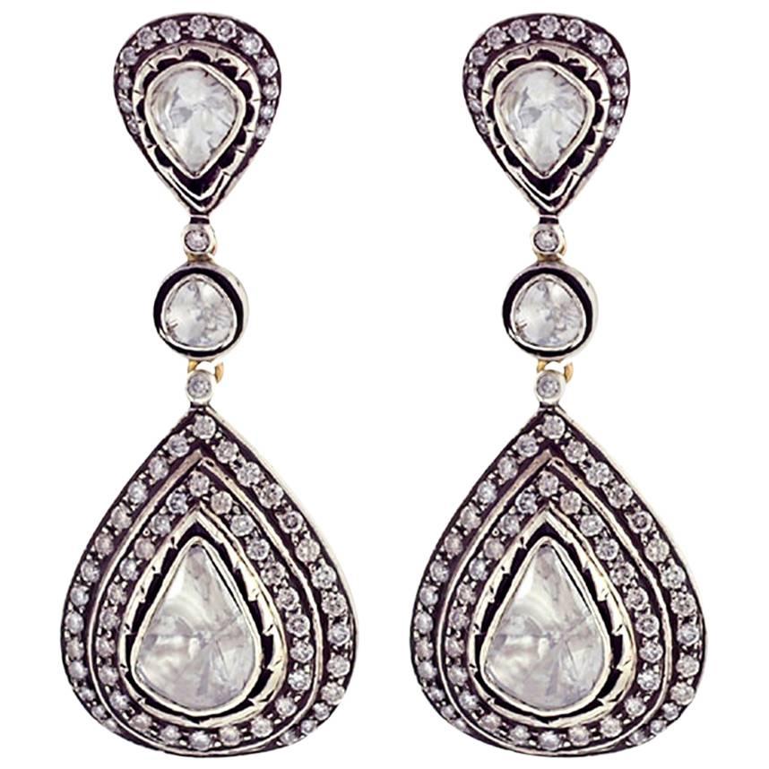Rose Cut Diamond Silver Gold Earrings 