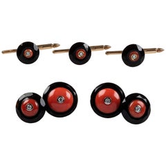 Oro giallo 18 carati Onice corallo diamanti Set di bottoni da smoking Gemelli da polso