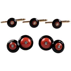 Mediterranean Coral Onyx Diamond and Gold Cufflinks Stud Set 8