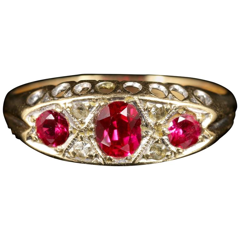 Antique Edwardian Ruby Diamond Ring Gypsy Set Gold Ring, 1909 at 1stDibs