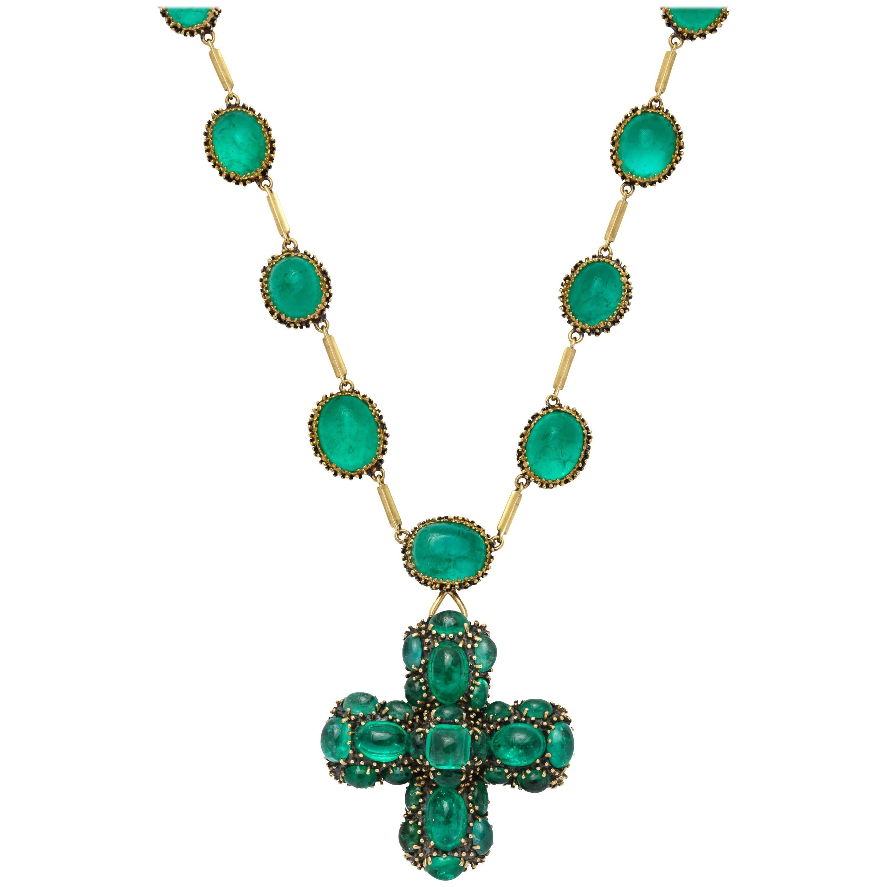 Marilyn Cooperman Cabochon Emerald Cross Pendant and Necklace