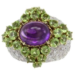 Vintage ct 9, 03 Peridot Amethyst and ct 4, 29 Diamond Gold Cocktail Ring