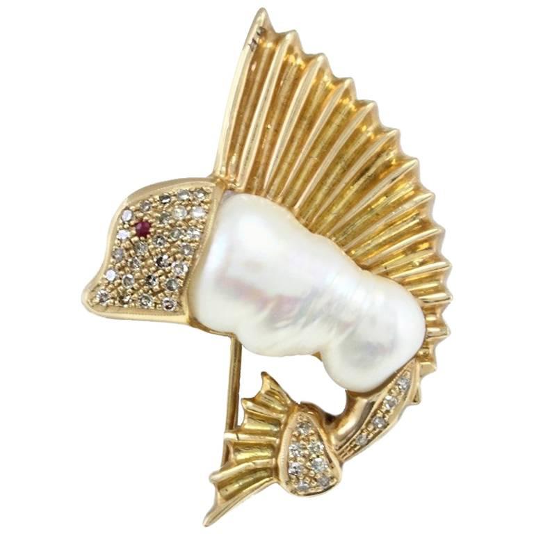 Baroque Pearl Ruby Diamond Gold Brooch Pendant