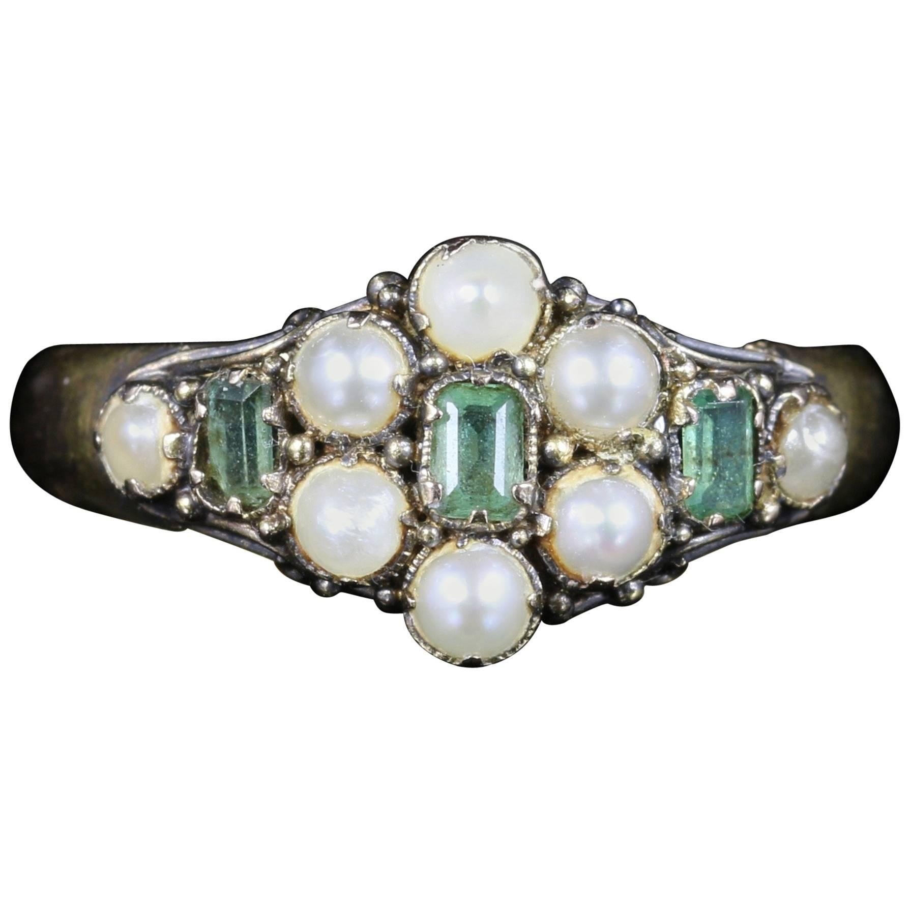 Antique Georgian Emerald Pearl Ring 18 Carat Gold Dated 1821