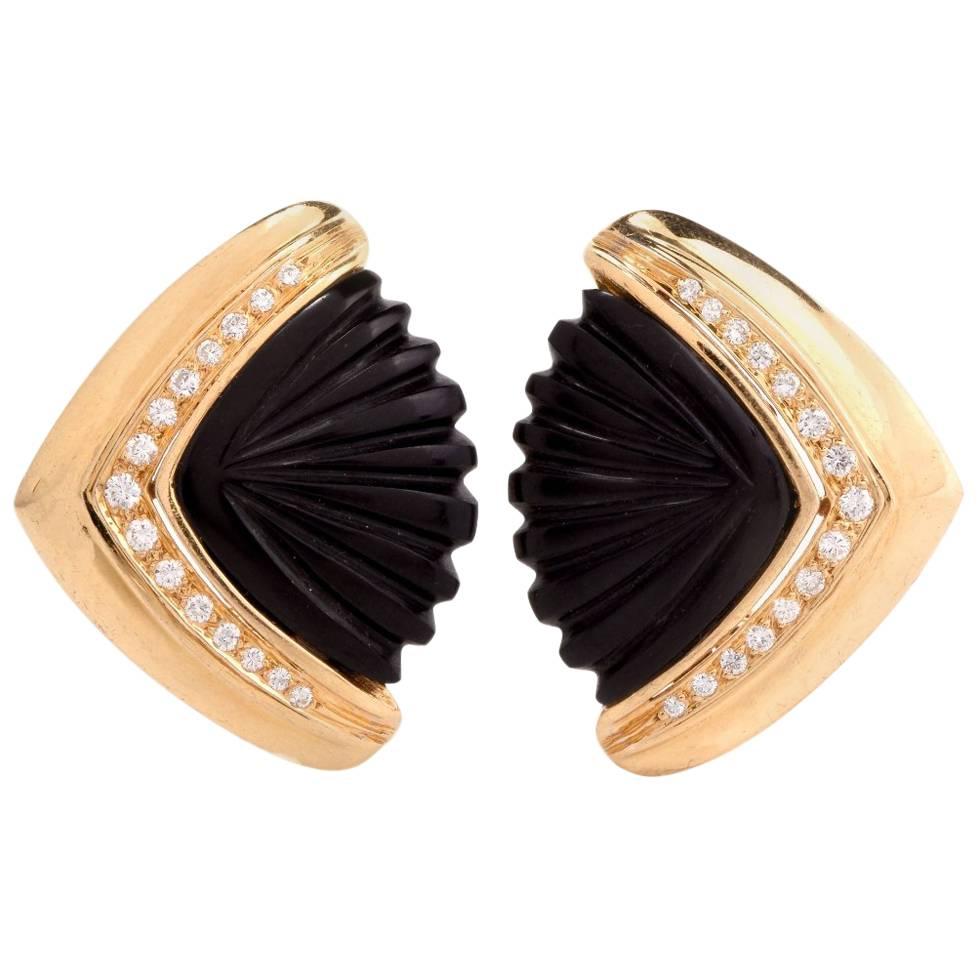 1960s Diamond Carved Onyx Gold Clip-On Earrings
