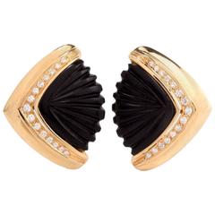 1960s Diamond Carved Onyx Gold Clip-On Earrings 9