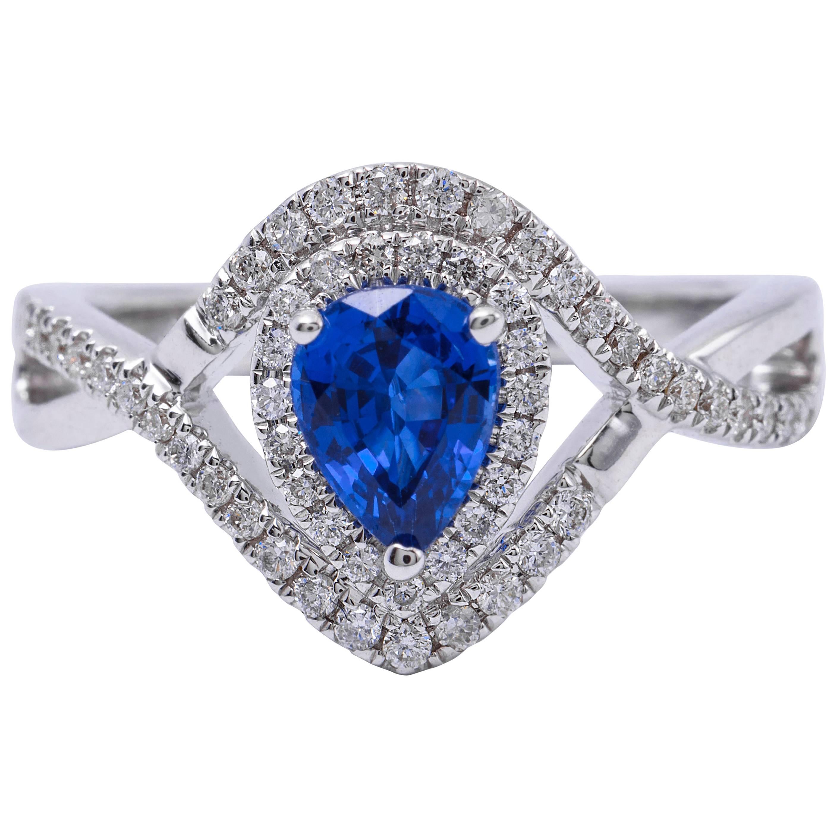 Pear Shape Sapphire Diamond White Gold Engagement Cocktail Ring