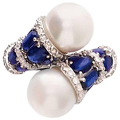 Kyanite Pearl Diamond White Gold Toi et Moi Ring