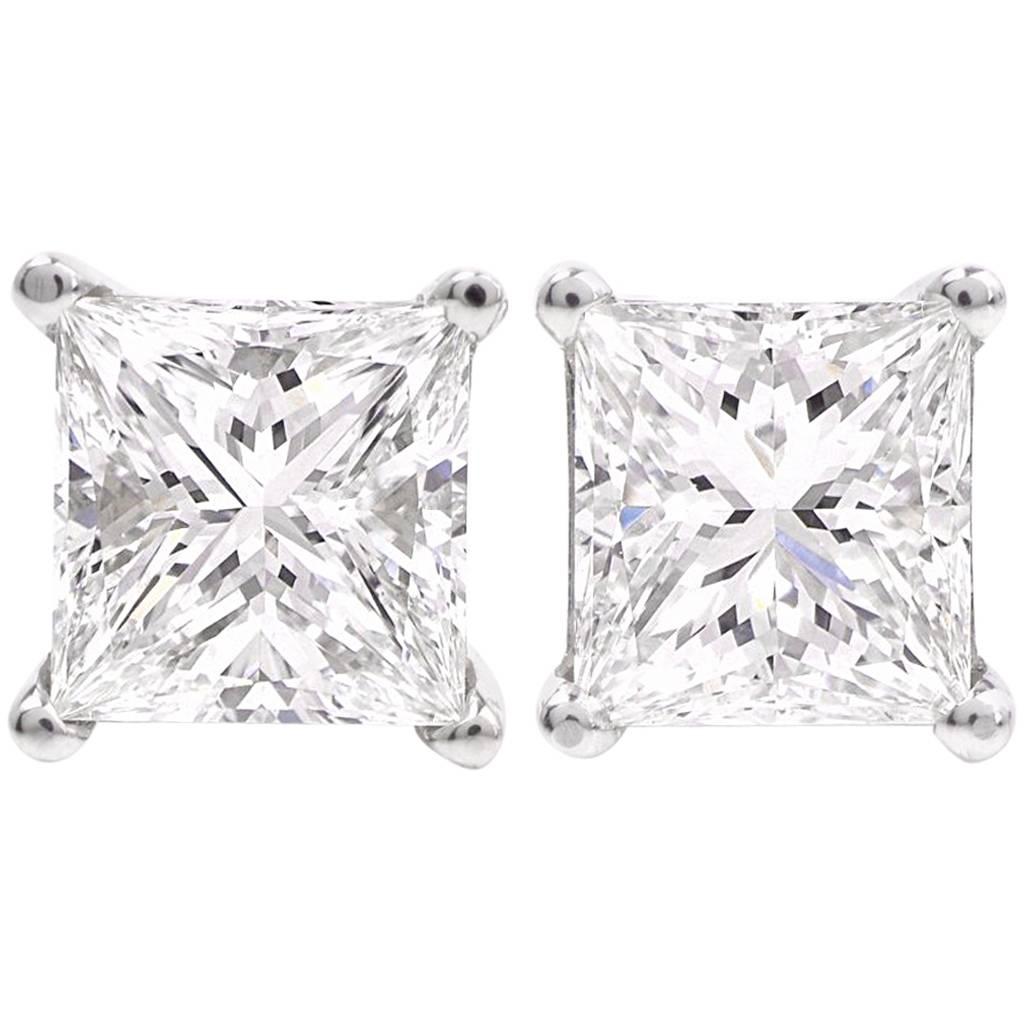 Certified GIA 2.01 Carat Princess-Cut Diamond Platinum White Gold Stud Earrings