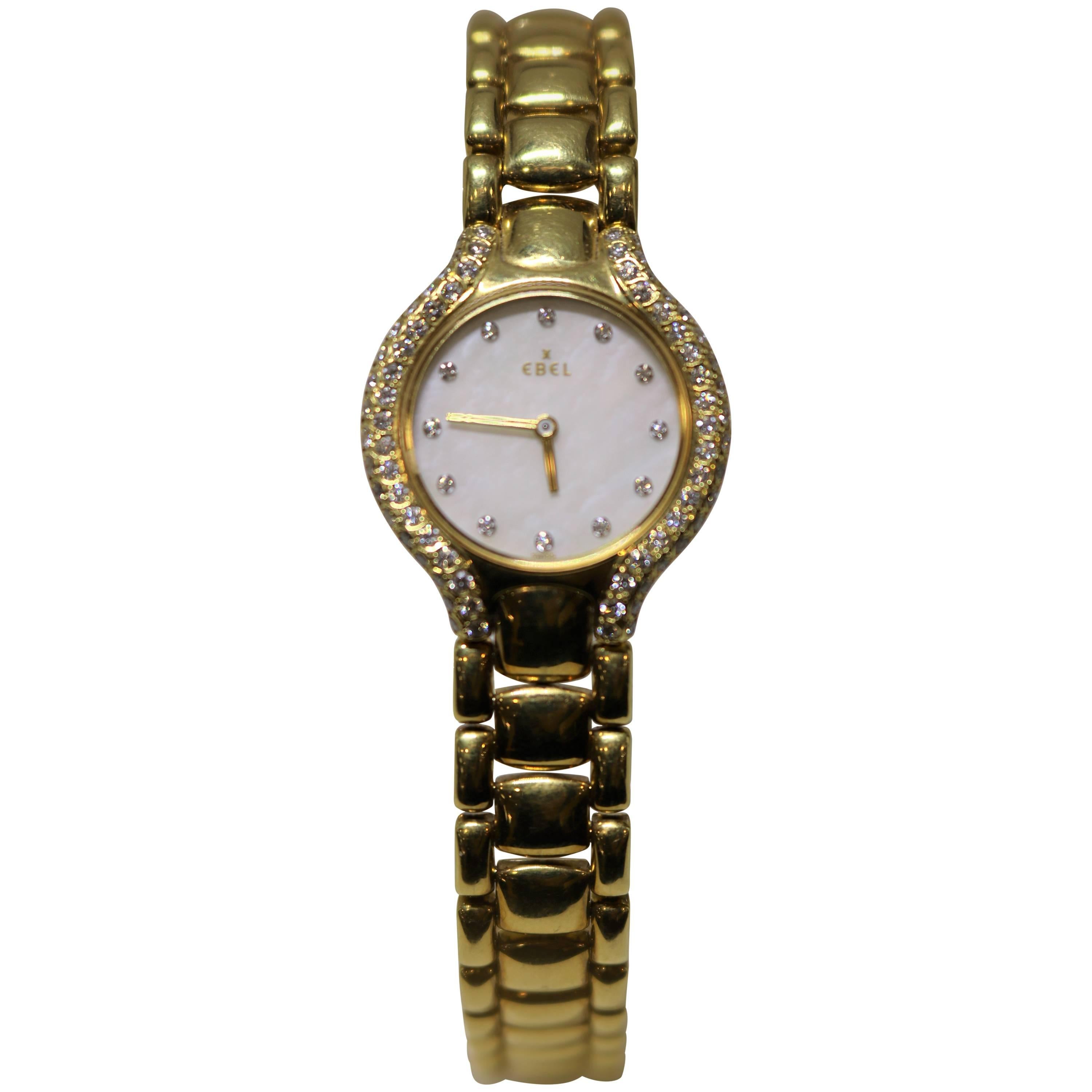 Ebel Beluga Ladies 18 Karat Yellow Gold Diamond Bezel and Dial Watch For Sale