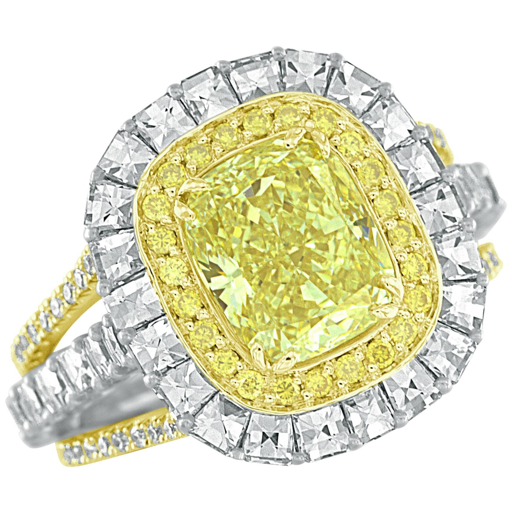 GIA Certified 2.40 Carat Cushion Cut  Fancy Yellow Diamond Gold & Platinum Ring