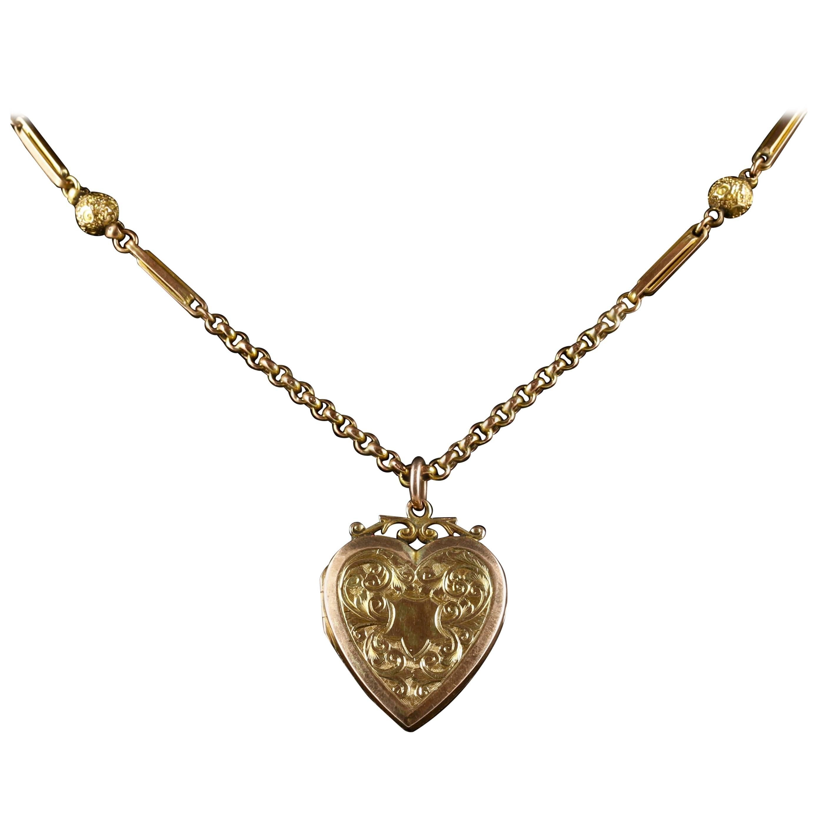 Antique Victorian Gold Heart Locket and Chain circa 1900