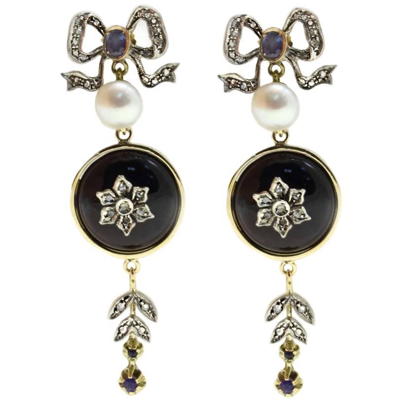 Gold Silver Diamond Sapphire Pearl Onyx Dangle Earrings