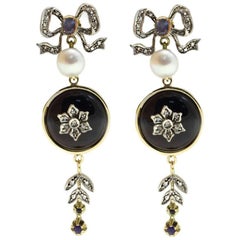 Vintage Gold Silver Diamond Sapphire Pearl Onyx Dangle Earrings