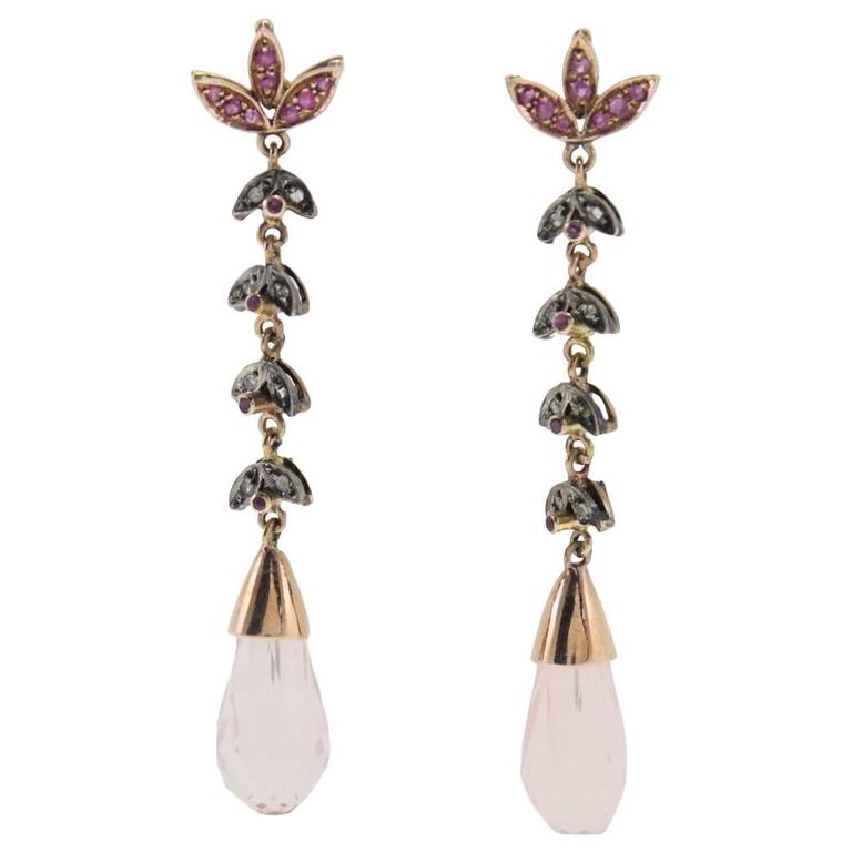 Quartz Ruby Silver Diamond Gold Dangle Earrings For Sale at 1stdibs