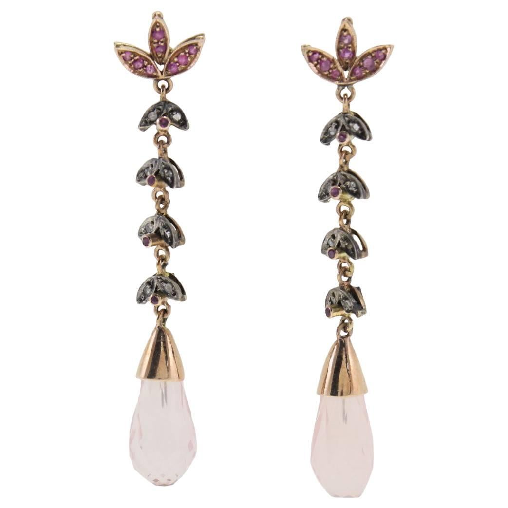  Quartz Ruby Silver Diamond Gold Dangle Earrings For Sale