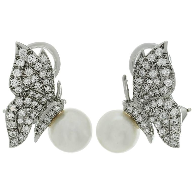 Tiffany and Co. Pearl Diamond Platinum Butterfly ClipOn Earrings For