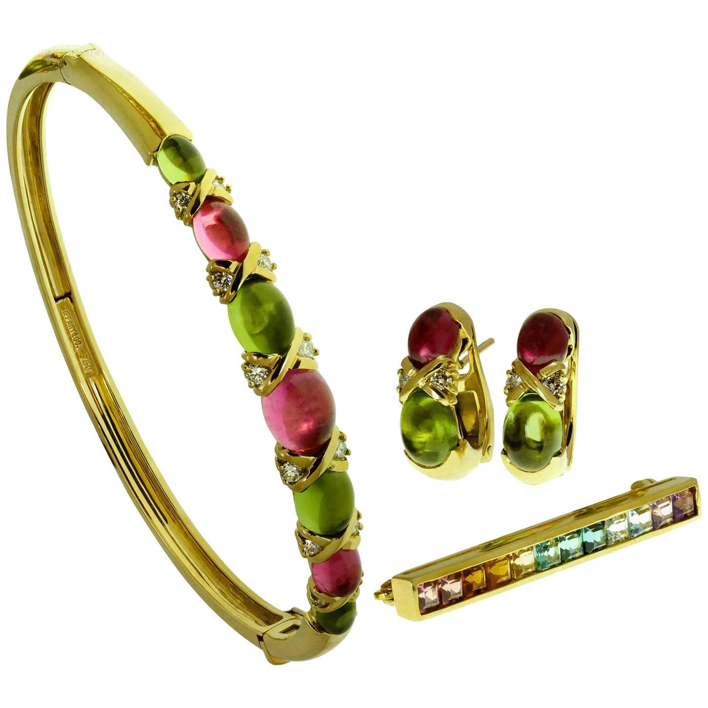 Tiffany & Co. Gemstone Yellow Gold Bracelet Earrings Brooch Set