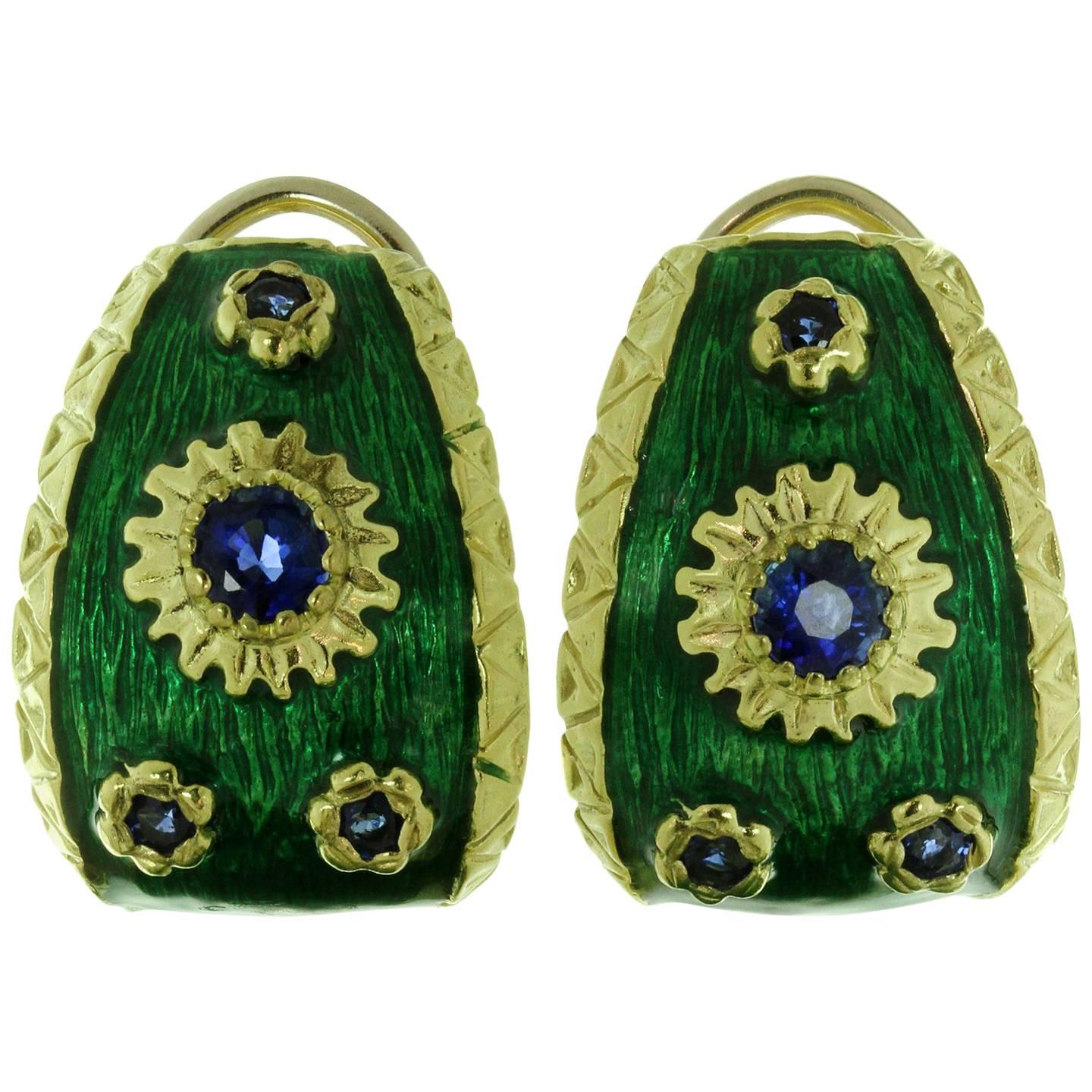 Blue Sapphire Green Enamel Yellow Gold Earrings