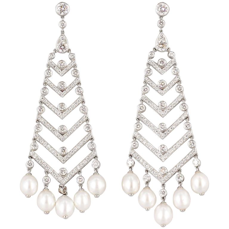 Tiffany And Co Pearl Diamond Platinum Chandelier Earrings For Pearl Diamond Platinum Chandelier Earrings For