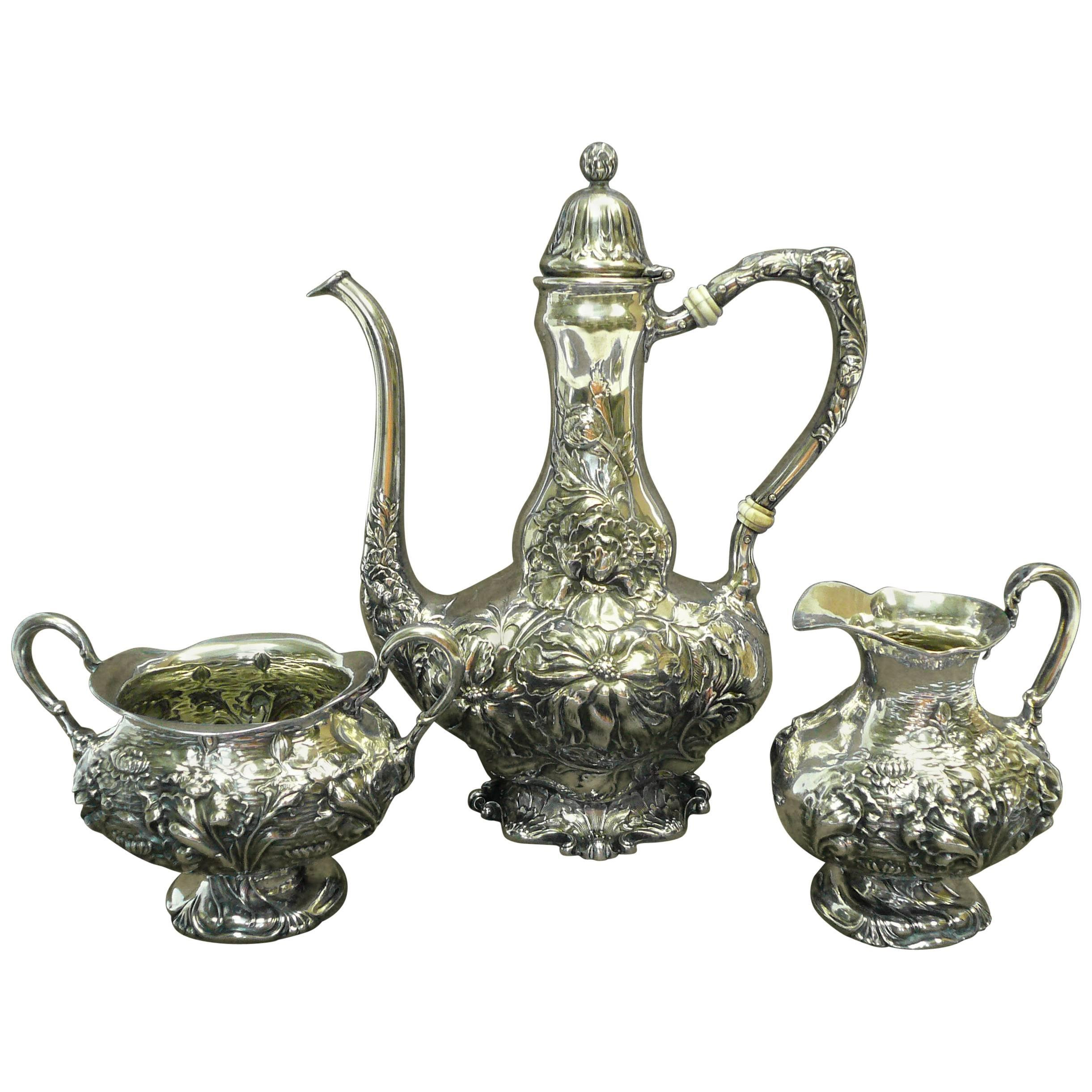 Art Nouveau Antique Unger Brothers Sterling Silver Three-Piece Demitasse Set For Sale