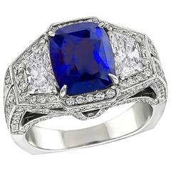 Vintage 3.93 Carat AGL Certified Sapphire Diamond Platinum Ring