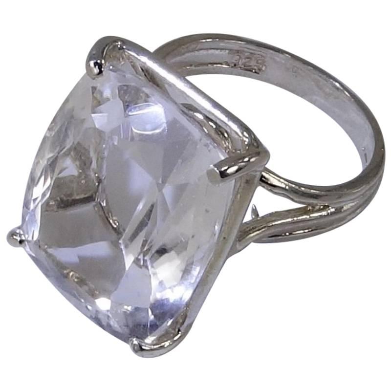 Large Cushion Cut Silver Topaz Sterling Silver Cocktail Ring