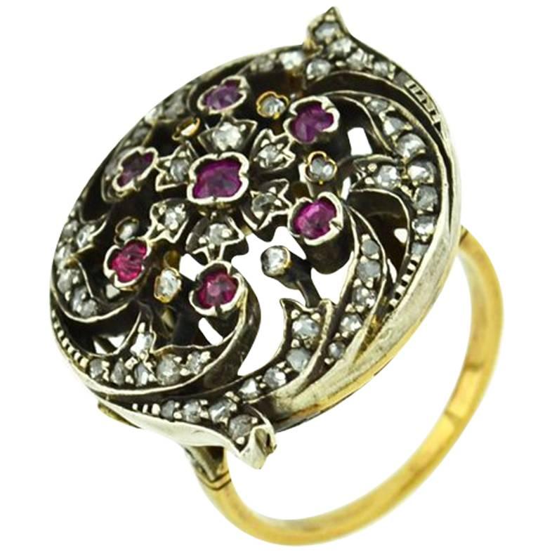 Victorian Ruby Rose Cut Diamond Gold Ring For Sale