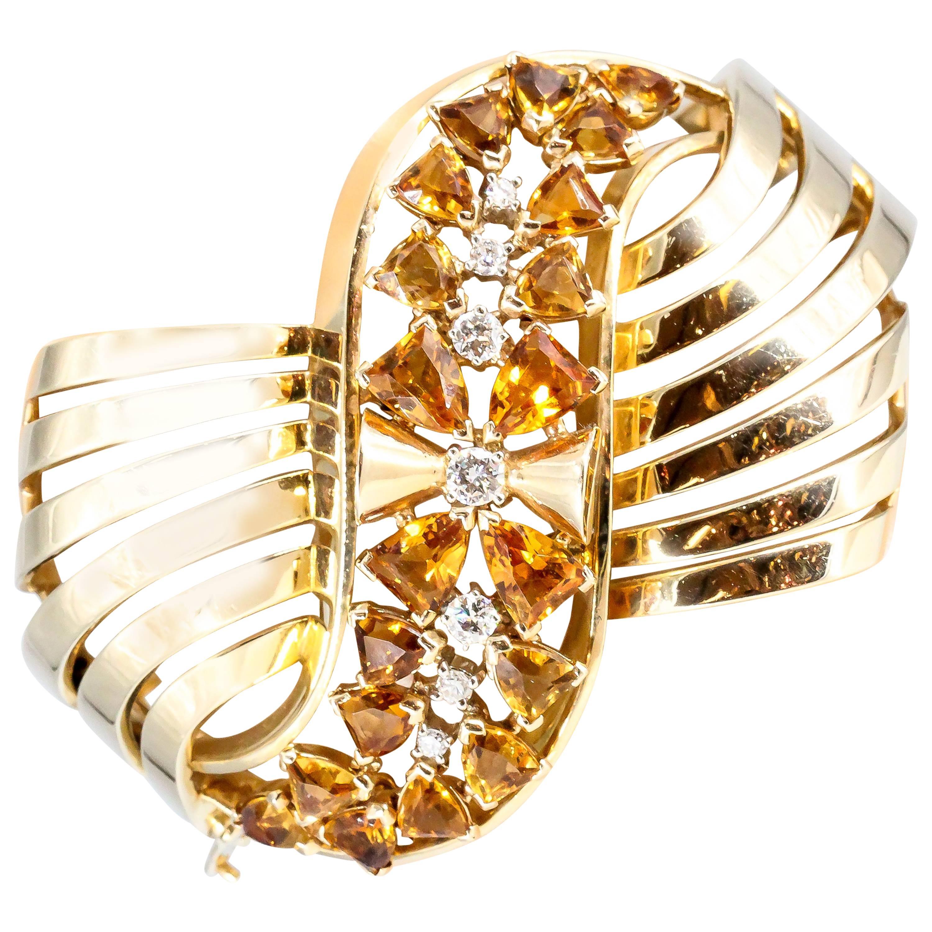 Retro Citrine Diamond Yellow Gold Bangle Bracelet