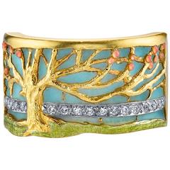 Masriera Plique-a-Jour Enamel Diamond Gold Tree of Life Ring