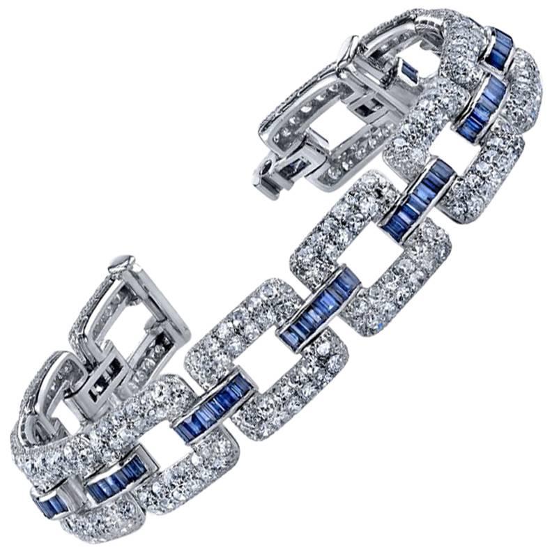 Art Deco Sapphire Diamond Platinum Link Bracelet 