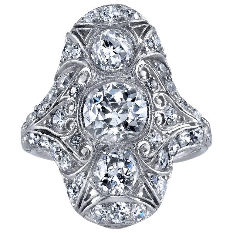 Edwardian Three-Stone Diamond Platinum Navette Engagement Ring For Sale