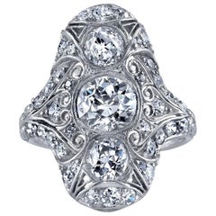 Edwardian Three-Stone Diamond Platinum Navette Engagement Ring