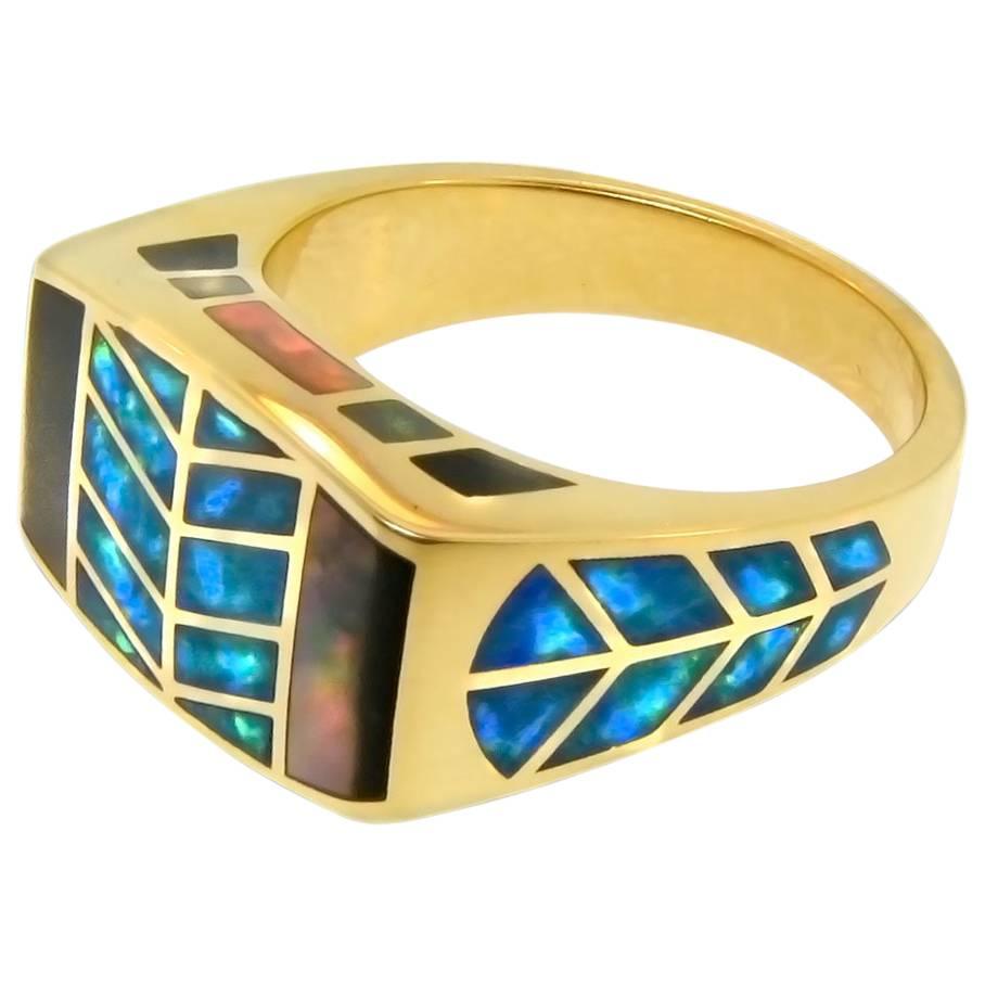 Australian Opal Black Mother-of-Pearl Hawk Feather Inlay Gold Signet Ring For Sale