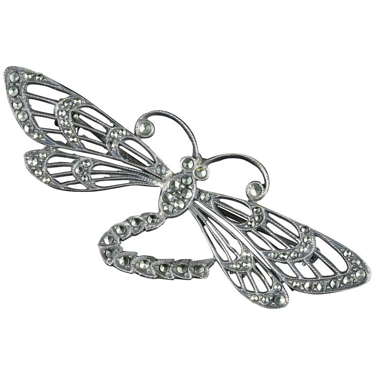 Antique Victorian Silver Marcasite Dragonfly Brooch For Sale at 1stdibs