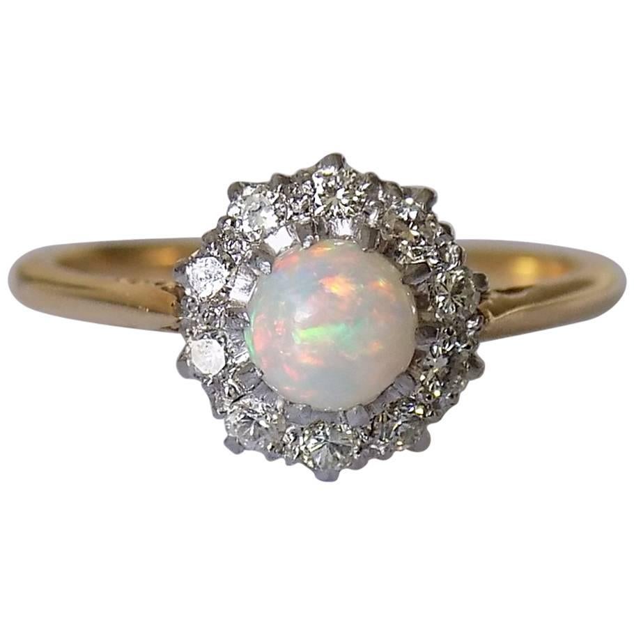Antique Edwardian Opal Diamond Yellow Gold Cluster Ring