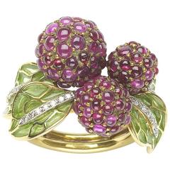 Ruby Enamel Diamond Yellow Gold Raspberry Ring 11