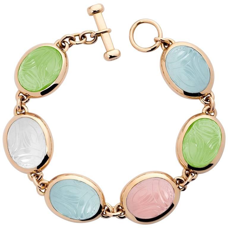 Colleen B. Rosenblat Aquamarine Prehnite Rose Quartz Gold Scarab Bracelet