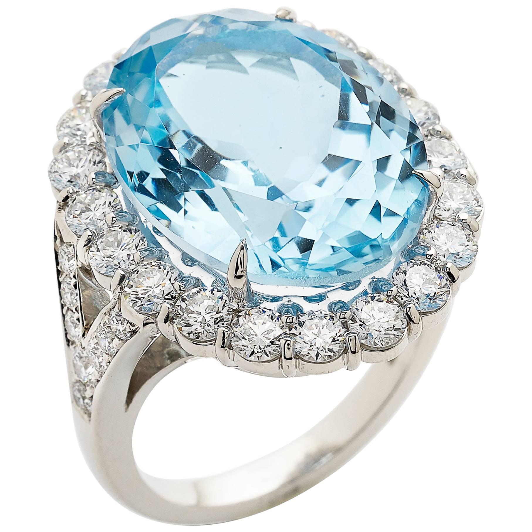E Wolfe Blue Topaz Diamond Platinum Cluster Ring For Sale