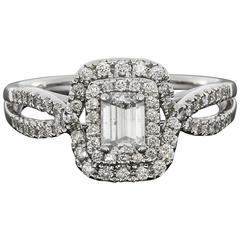Emerald Cut Diamond White Gold Double Halo Twist Engagement Ring