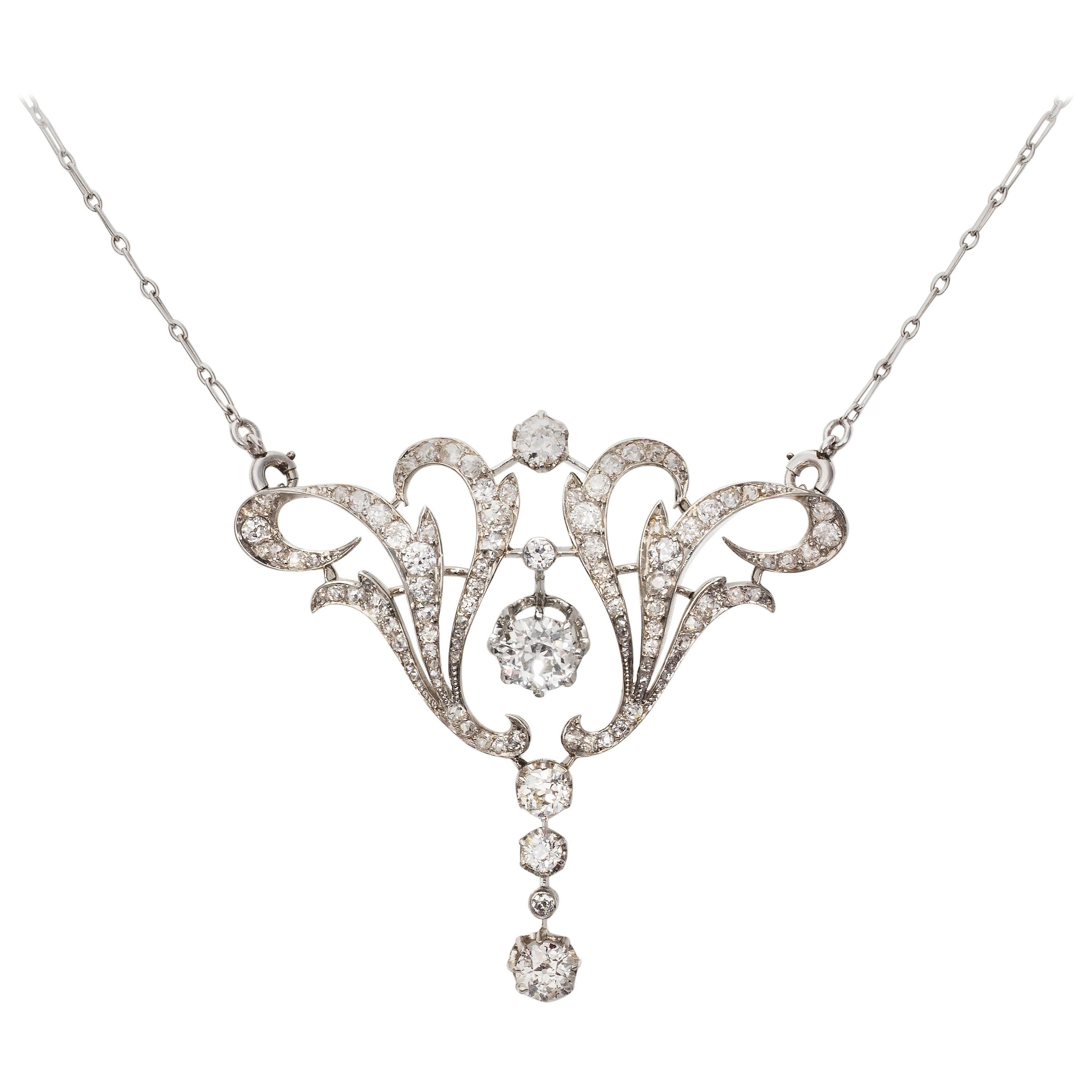 French Belle Époque Art Deco Diamond Platinum Brooch Pendant For Sale