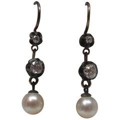 Antique Victorian Silver over Gold Diamond and Pearl Dangle Earrings