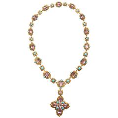 Antique Extraordinary Pink Topaz Turquoise Georgian Pendant Necklace
