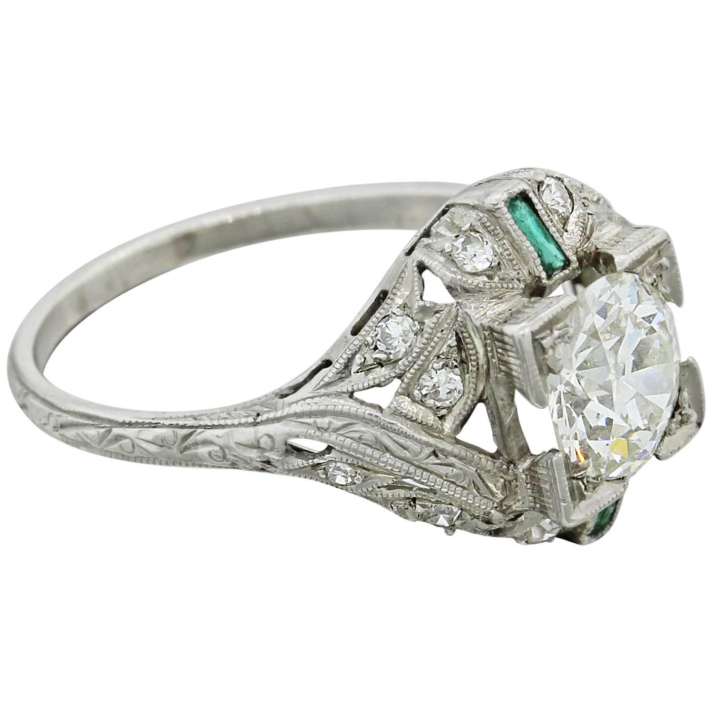 1920s Antique Art Deco 1.51 Carat EGL Diamond Emerald Solid Platinum Ring For Sale