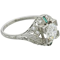 1920s Antique Art Deco 1.51 Carat EGL Diamond Emerald Solid Platinum Ring