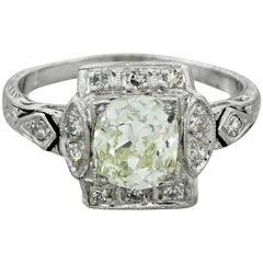 1920s Antique Art Deco 1.40 Carat Old Mine Diamond Solid Platinum Ring  